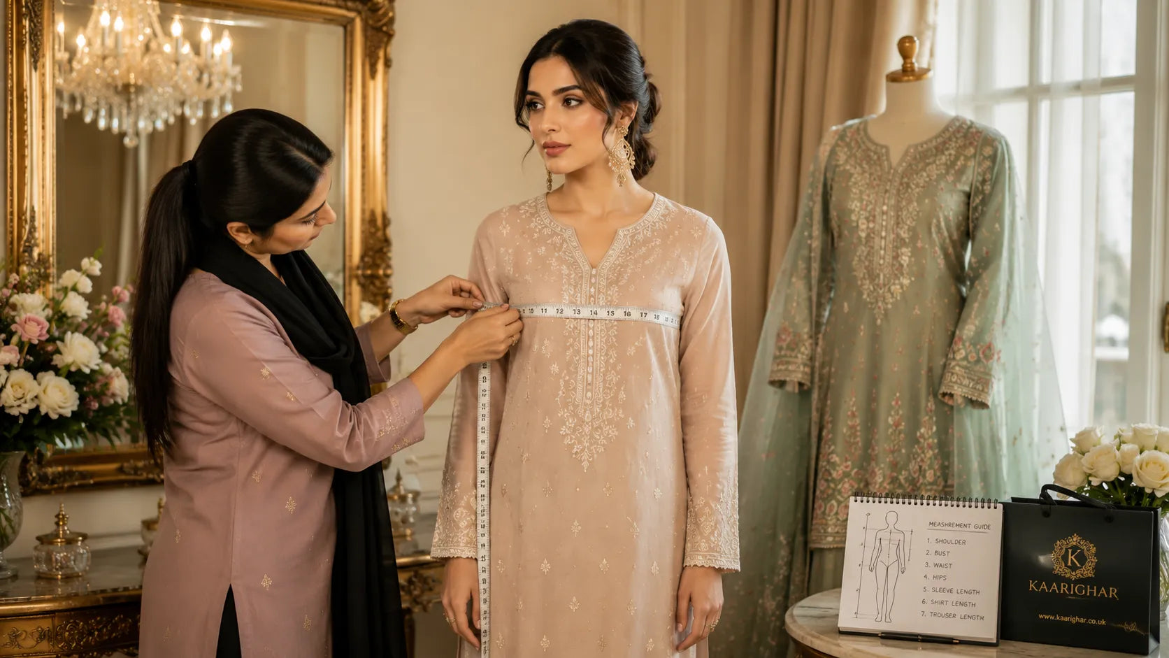hyper realistic banner showing how to measure yourself for a custom stitched pakistani suit in the uk
