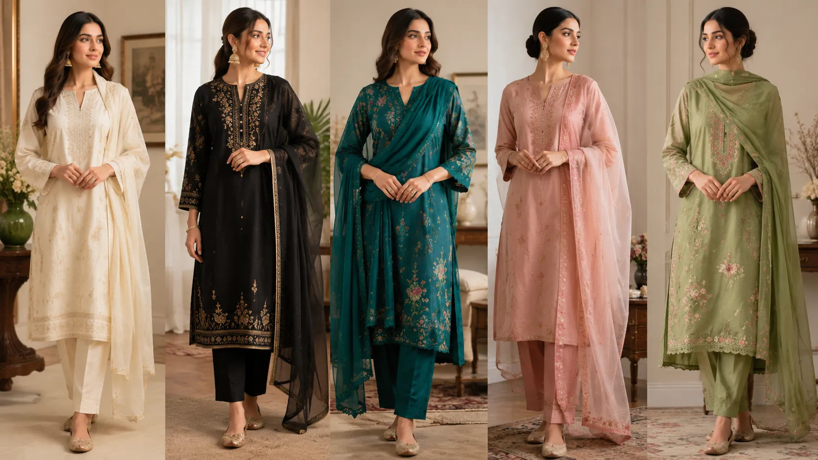 Pakistani suits styled with elegant dupatta draping in classic and modern fashion.