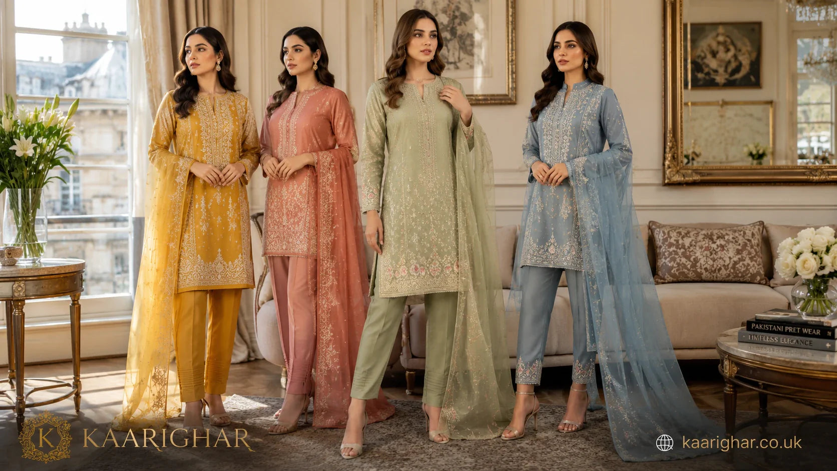 hyper realistic banner showcasing pakistani pret wear collection for uk shoppers
