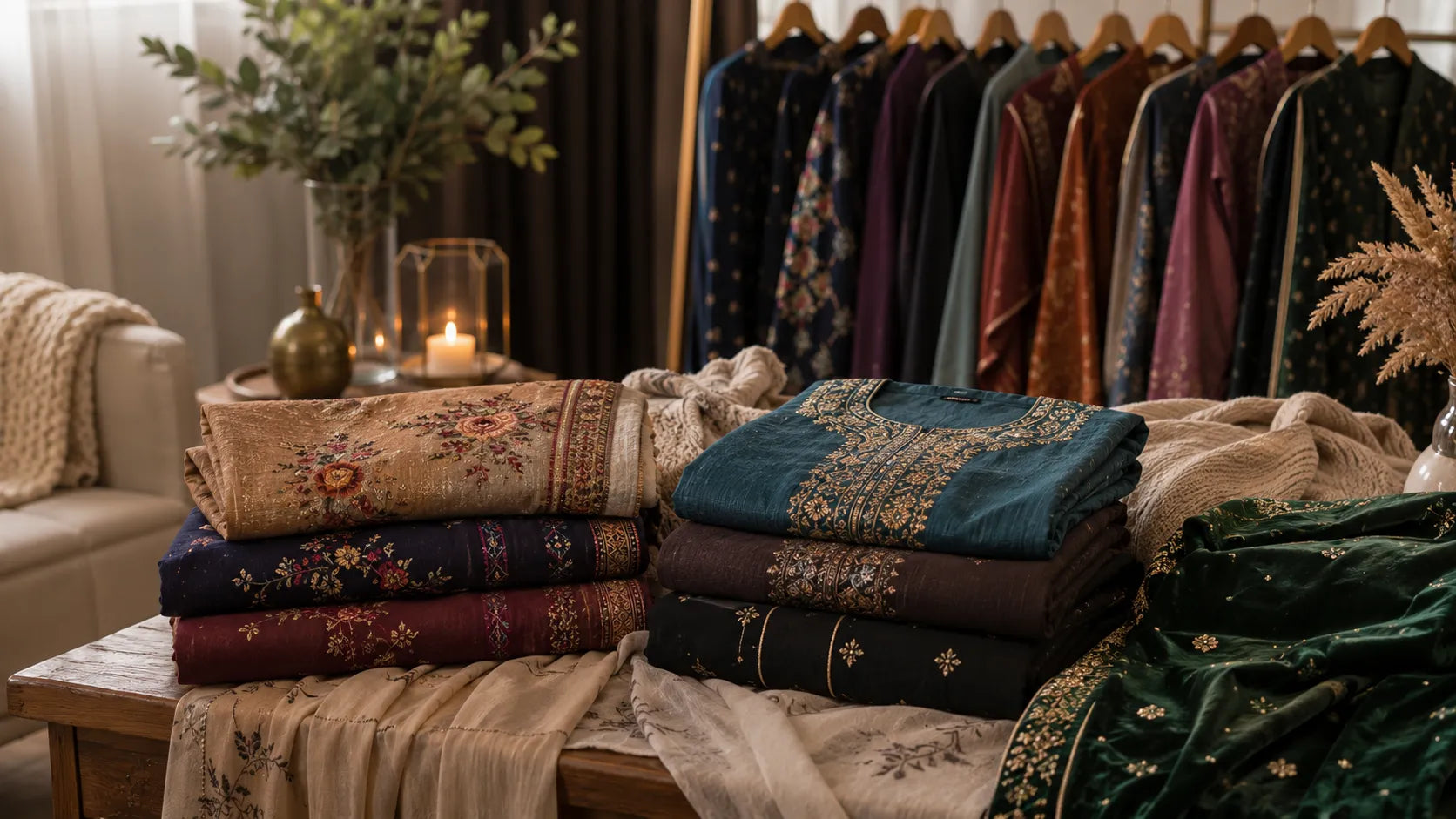 Elegant winter Pakistani suits in khaddar, karandi, and velvet displayed in a warm indoor setting.