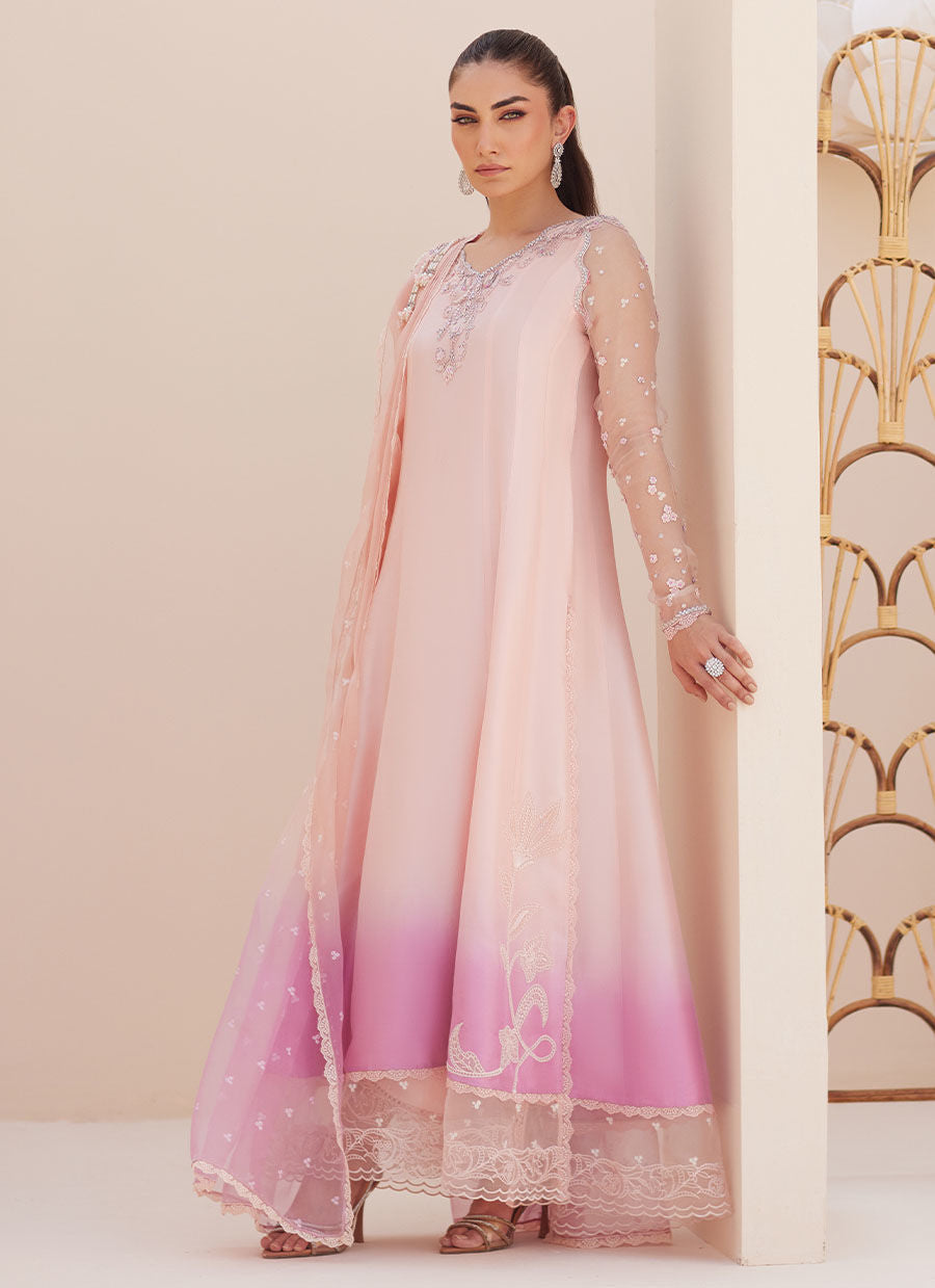 Farah Talib Aziz | Luxe Pret | Deedee Pink Ombre Paneled Shirt Dupatta And Pants