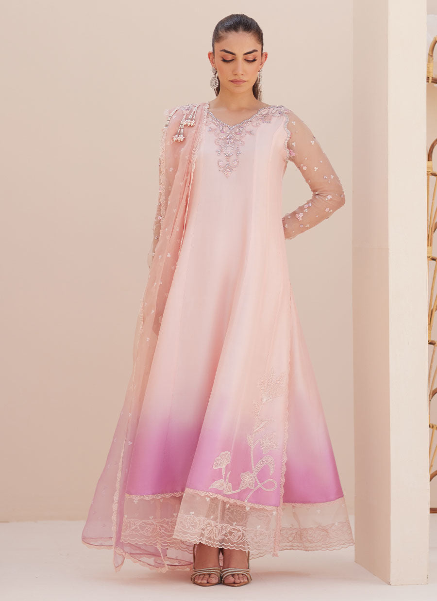 Farah Talib Aziz | Luxe Pret | Deedee Pink Ombre Paneled Shirt Dupatta And Pants