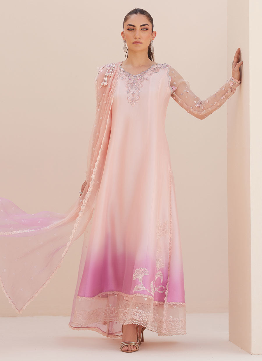 Farah Talib Aziz | Luxe Pret | Deedee Pink Ombre Paneled Shirt Dupatta And Pants