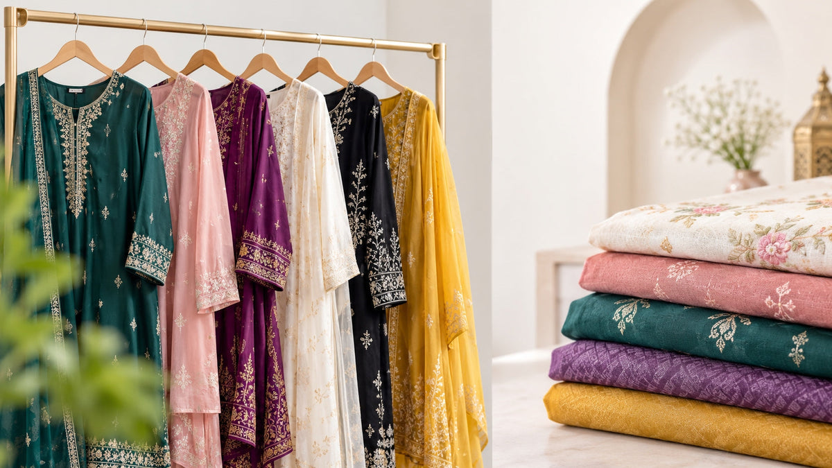 A flat lay of three Pakistani outfits (a lawn suit, an embroidered suit and a formal) with the dupattas folded beside each one.