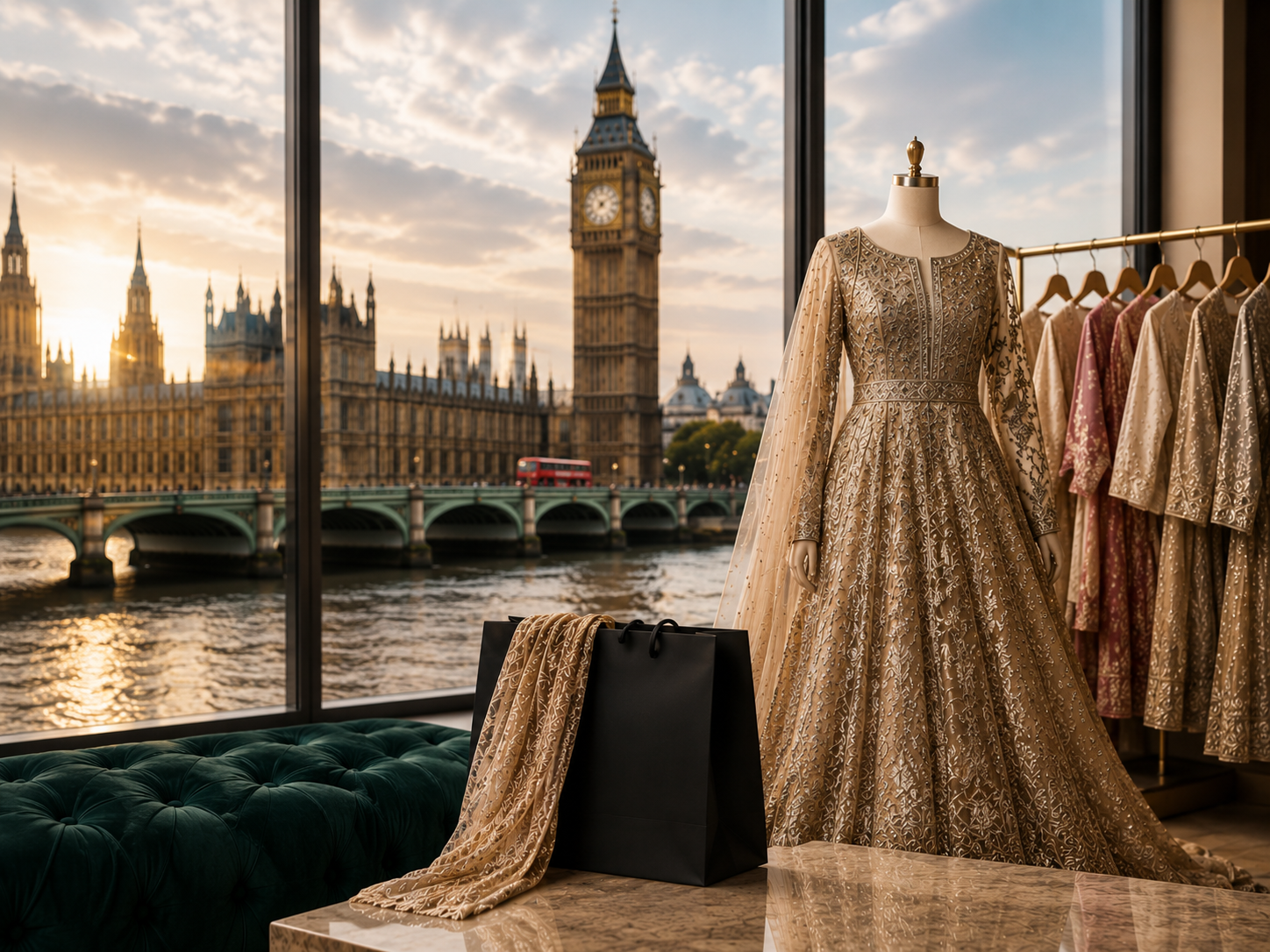 Luxury Pakistani designer clothing display in a London fashion boutique with Big Ben in the background.