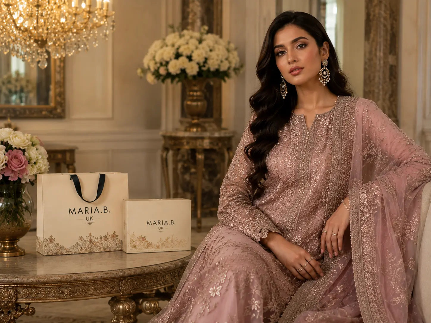Maria B UK luxury Pakistani designer suit with branded shopping bags.