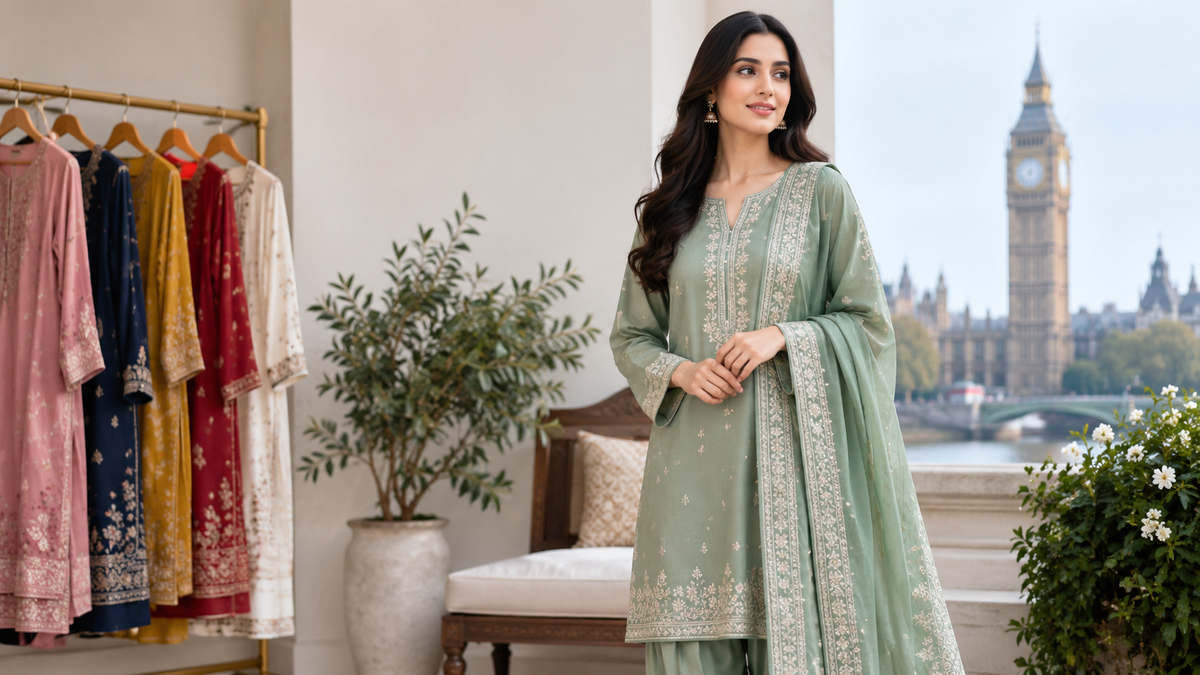 Woman wearing a Pakistani shalwar kameez set with a measuring tape showing how to check fit