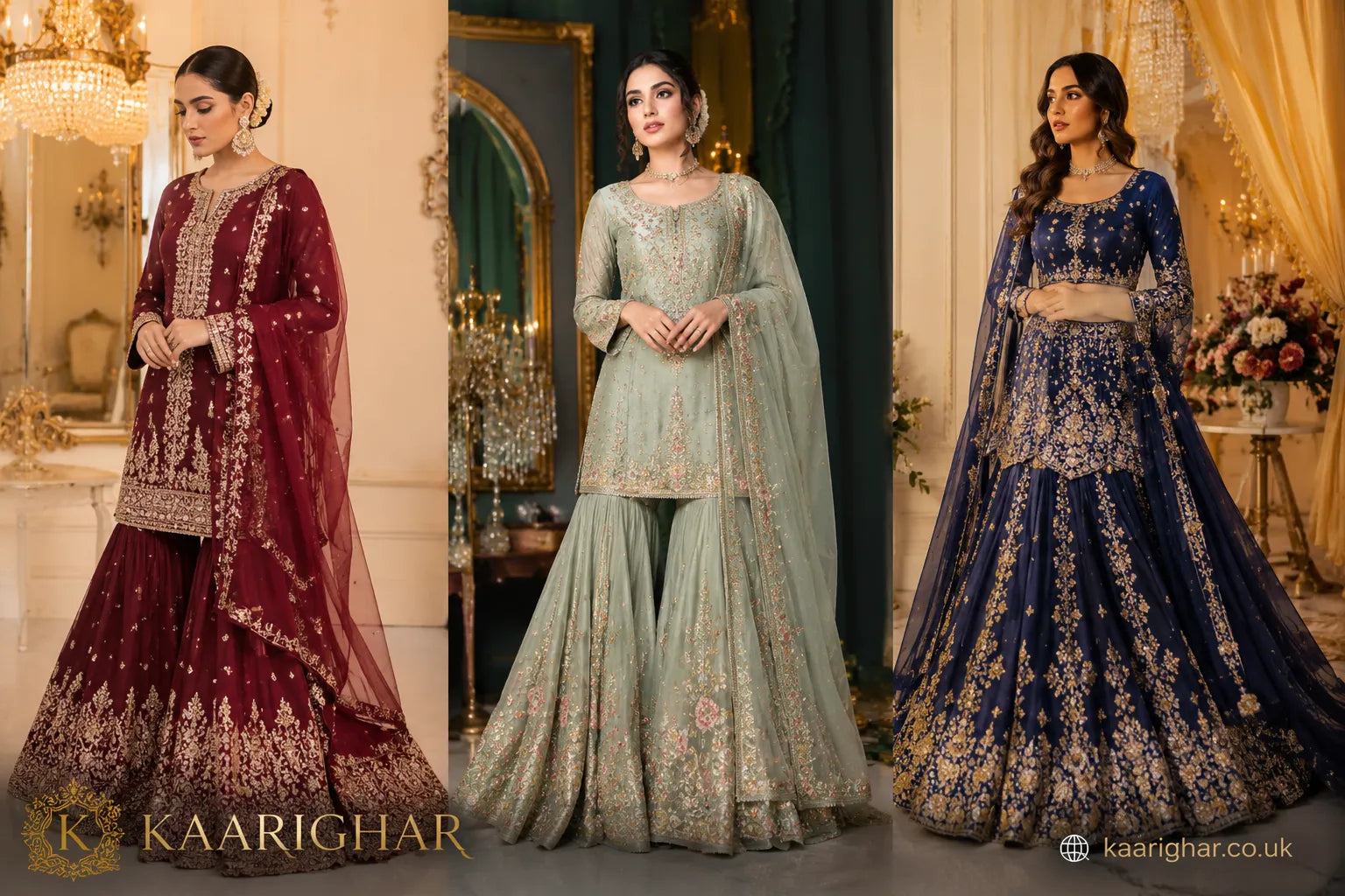 hyper realistic banner comparing gharara, sharara and lehenga outfits for pakistani wedding fashion
