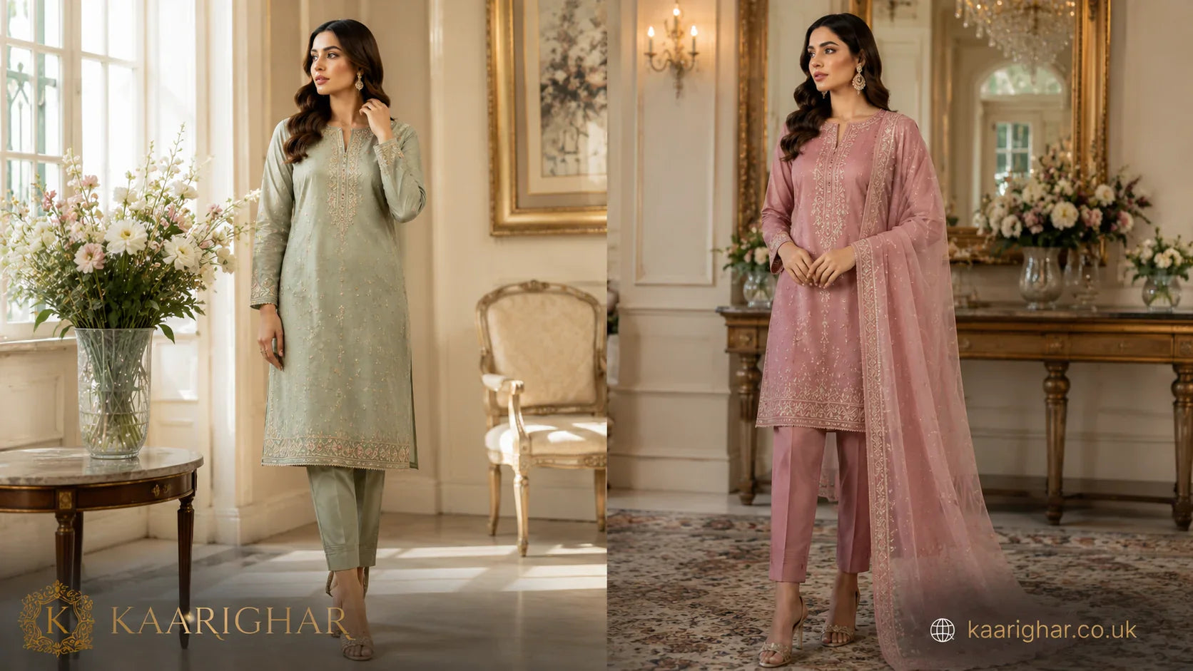 hyper realistic banner comparing pakistani 2 piece and 3 piece suits for uk shoppers