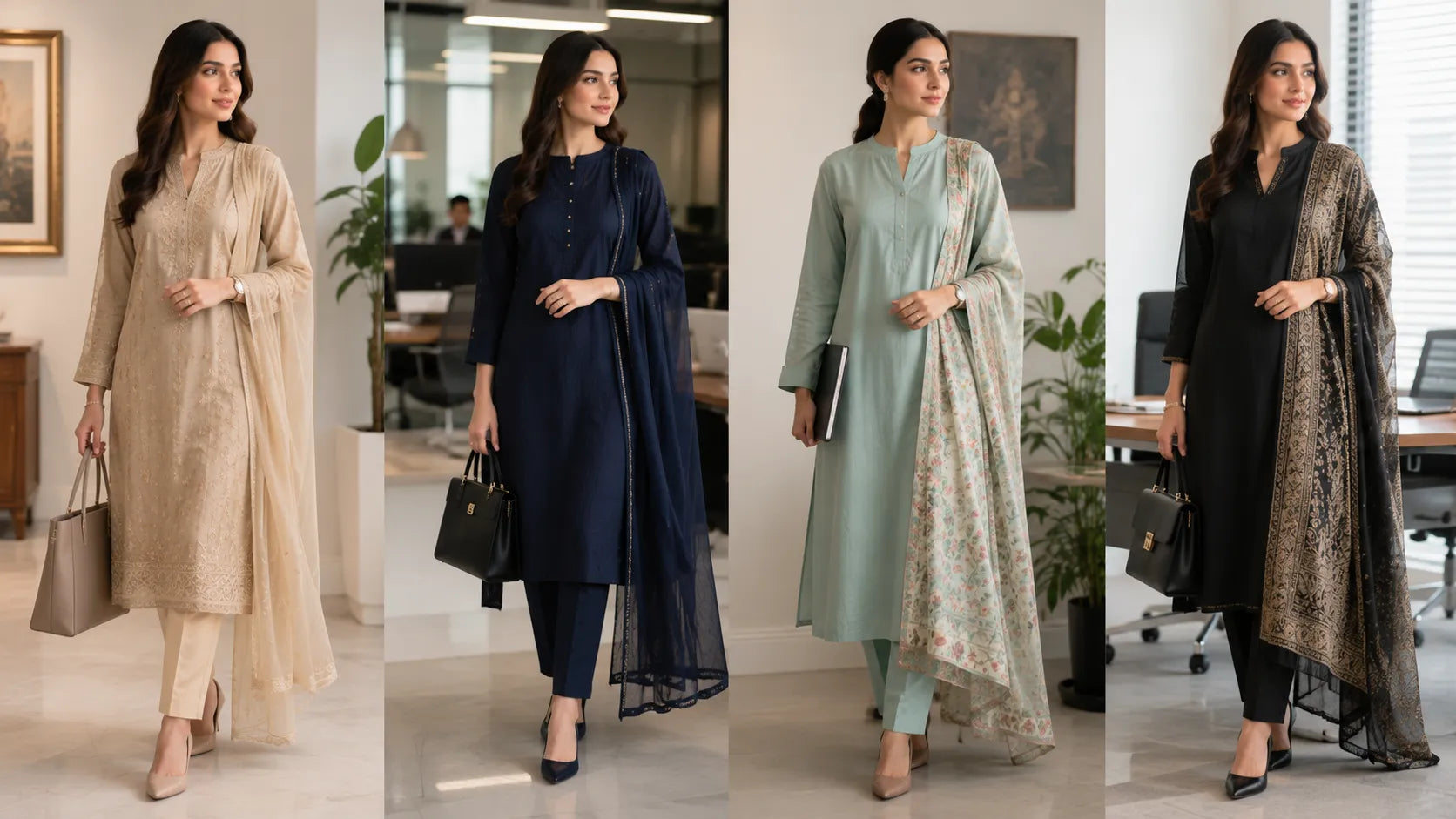 Professional office outfits featuring modest Pakistani suits styled for a modern workplace.