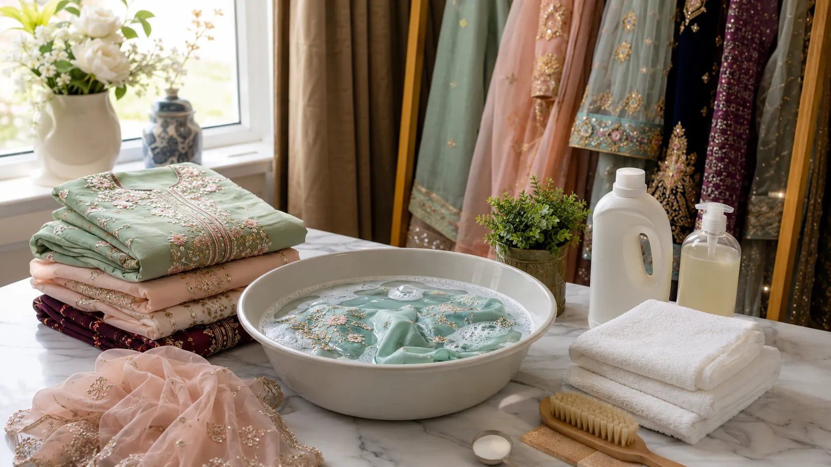 Pakistani lawn, chiffon, and embroidered suits being gently hand washed and cared for.