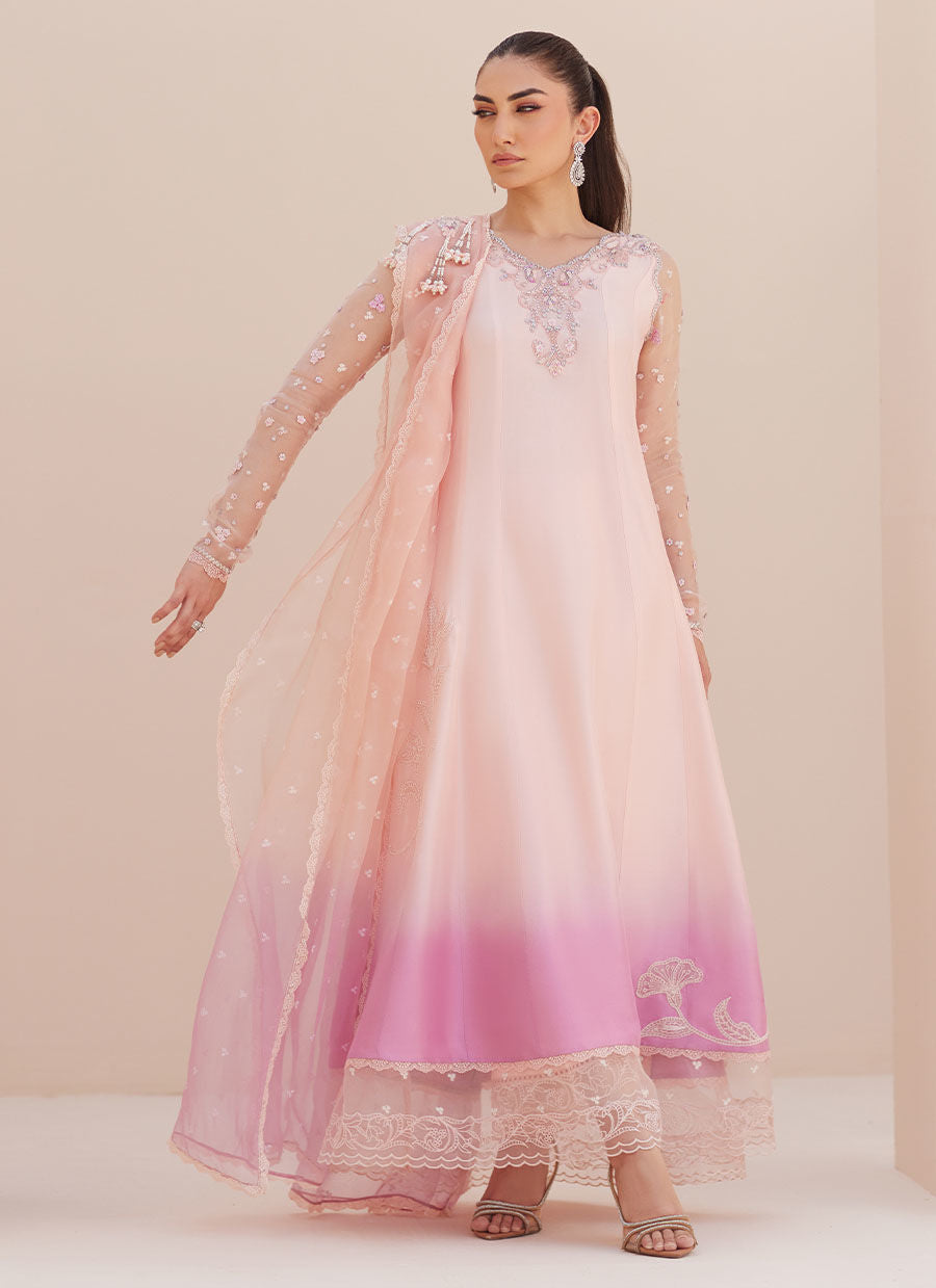 Farah Talib Aziz | Luxe Pret | Deedee Pink Ombre Paneled Shirt Dupatta And Pants