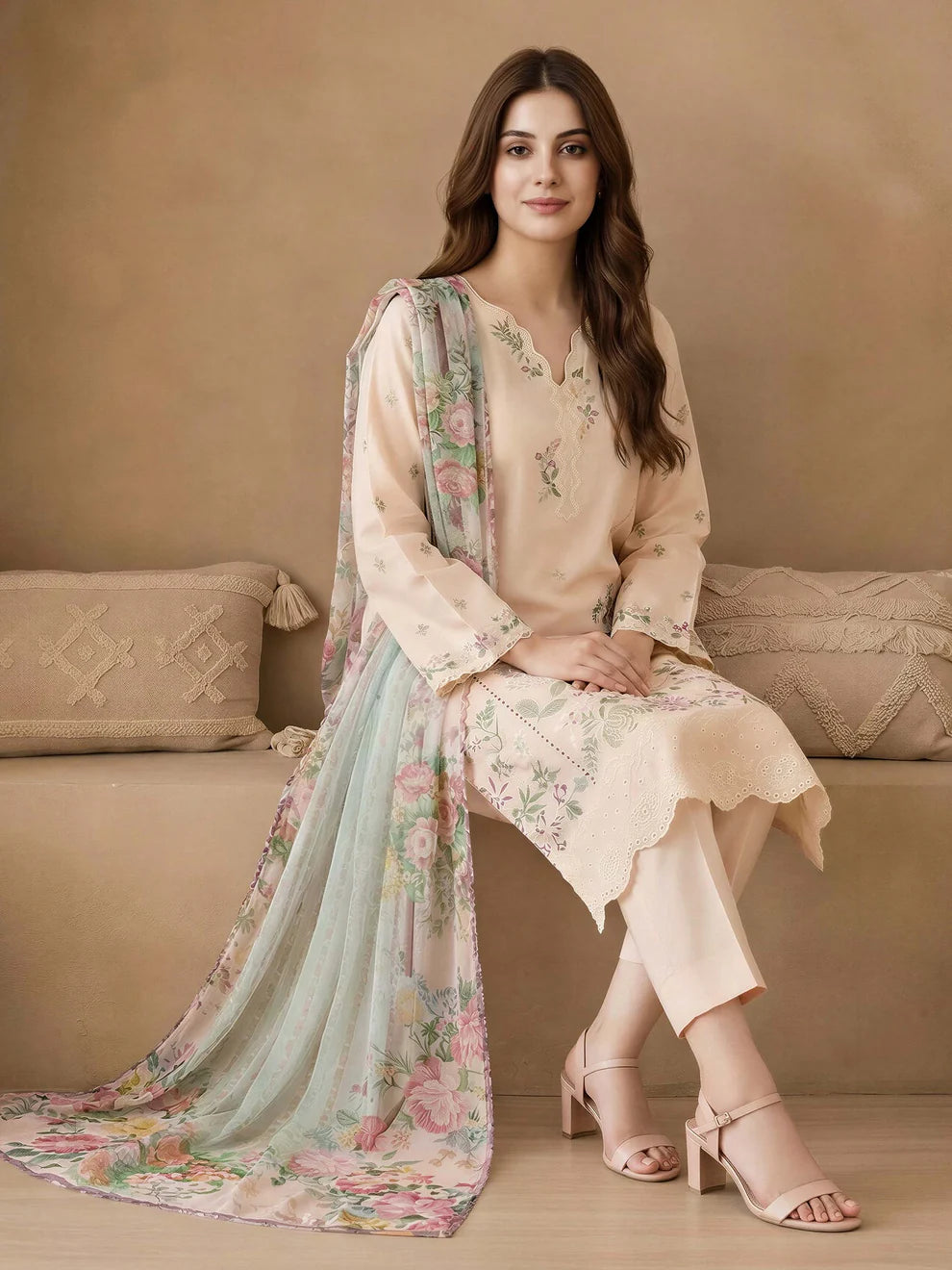 LimeLight | 3 Piece Lawn Suit-Embroidered | U4703SU Peach
